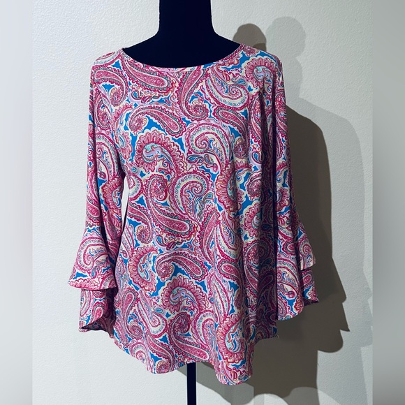 Belle by Kim Gravel Tops - Belle by Kim Gravel Pink and Blue Paisley Blouse